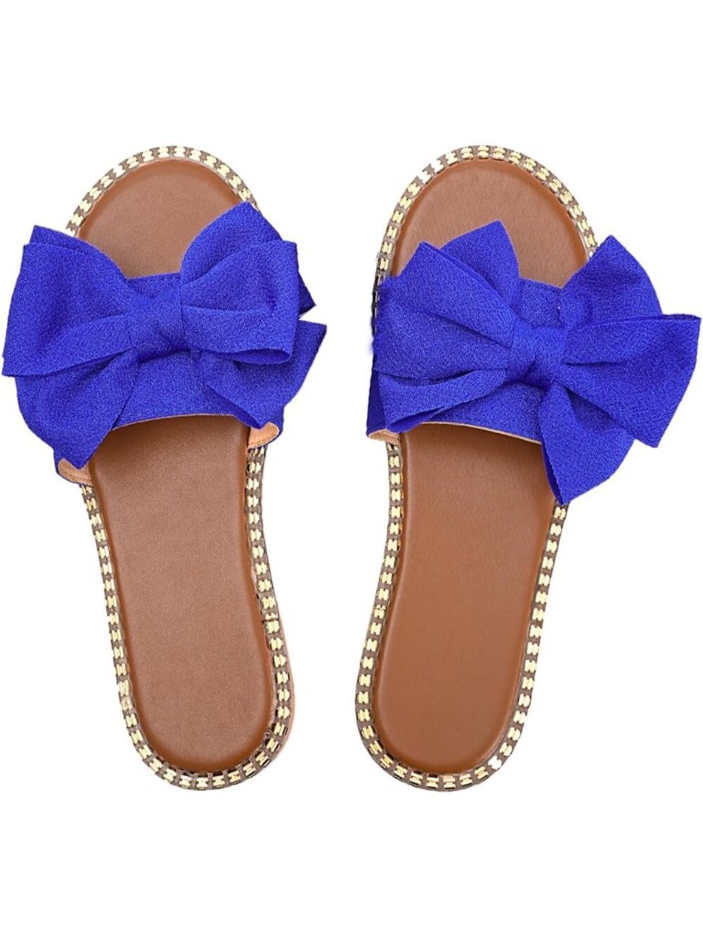 Women's Royal Blue Bow Knot Slides Open Toe Flat Slip On Faux Leather Slippers